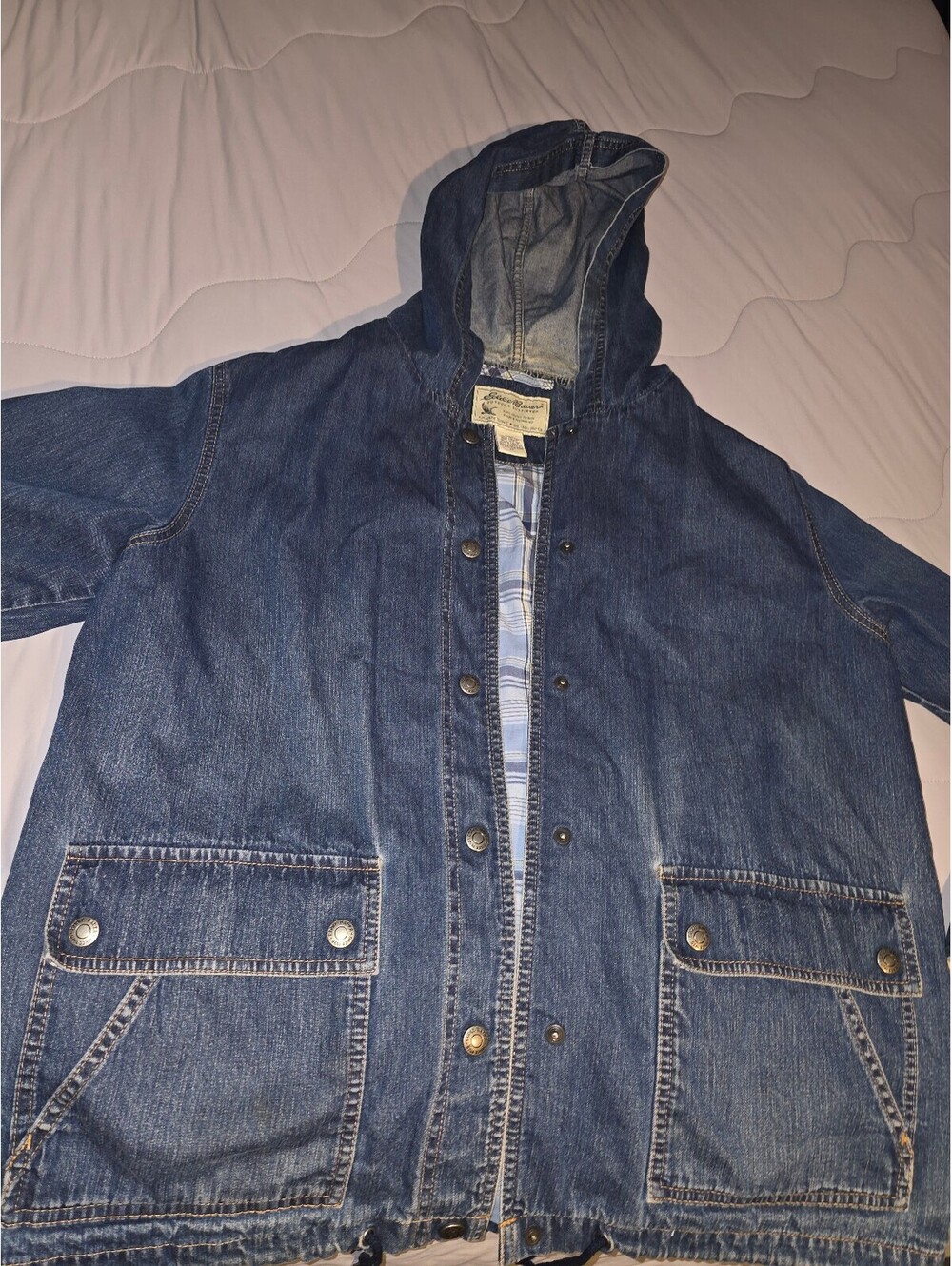 Y2K Eddie Bauer Hooded 90's Vintage Jean Distressed Denim Jacket, Sz M